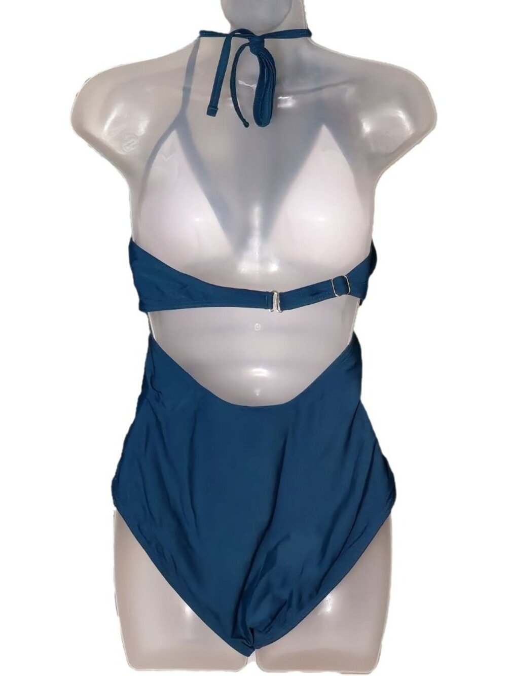 Blue One-Piece Swimsuit LG Halter Lace Cutout V Neck Adjustable Strap Lined - Picture 8 of 8
